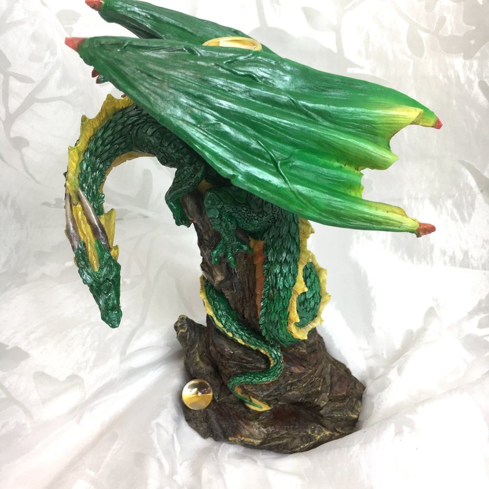 Vintage Retired 2000 Green Winged Dragon on Rock w/ Crystal Ball Taper Holder